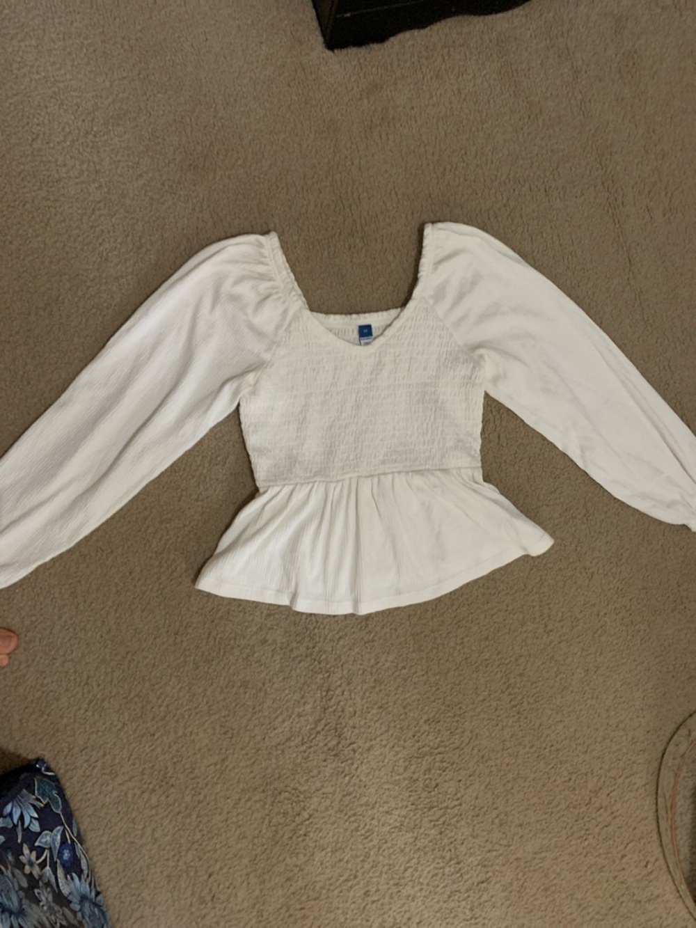 Old Navy White Smocked Peplum Long-Sleeve Top